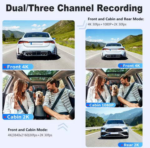 3 Channel WiFi Dash Cam 4K Video Recorder (Front 4k , Cabin 2k & Rear 1080p)