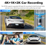 3 Channel WiFi Dash Cam 4K Video Recorder (Front 4k , Cabin 2k & Rear 1080p)